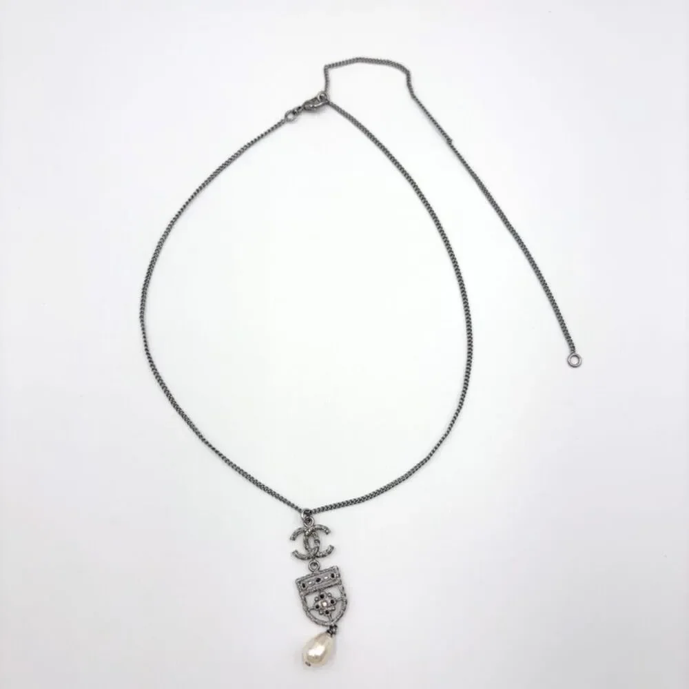CHANEL Faux Pearl Necklace Silver Metal